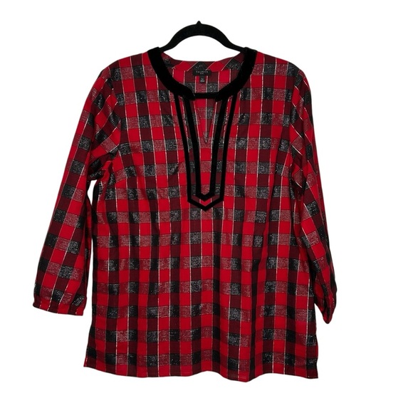 Talbots Red/Black Checked W/Silver Metallic Lurex Thread Tunic Top Sz LP - Picture 1 of 12